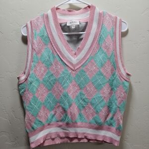 Böhme soft sweater vest bright teal and pink checkers with bows